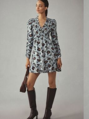 Anthropologie Ruffle V-neck Long Sleeve Mini Dress